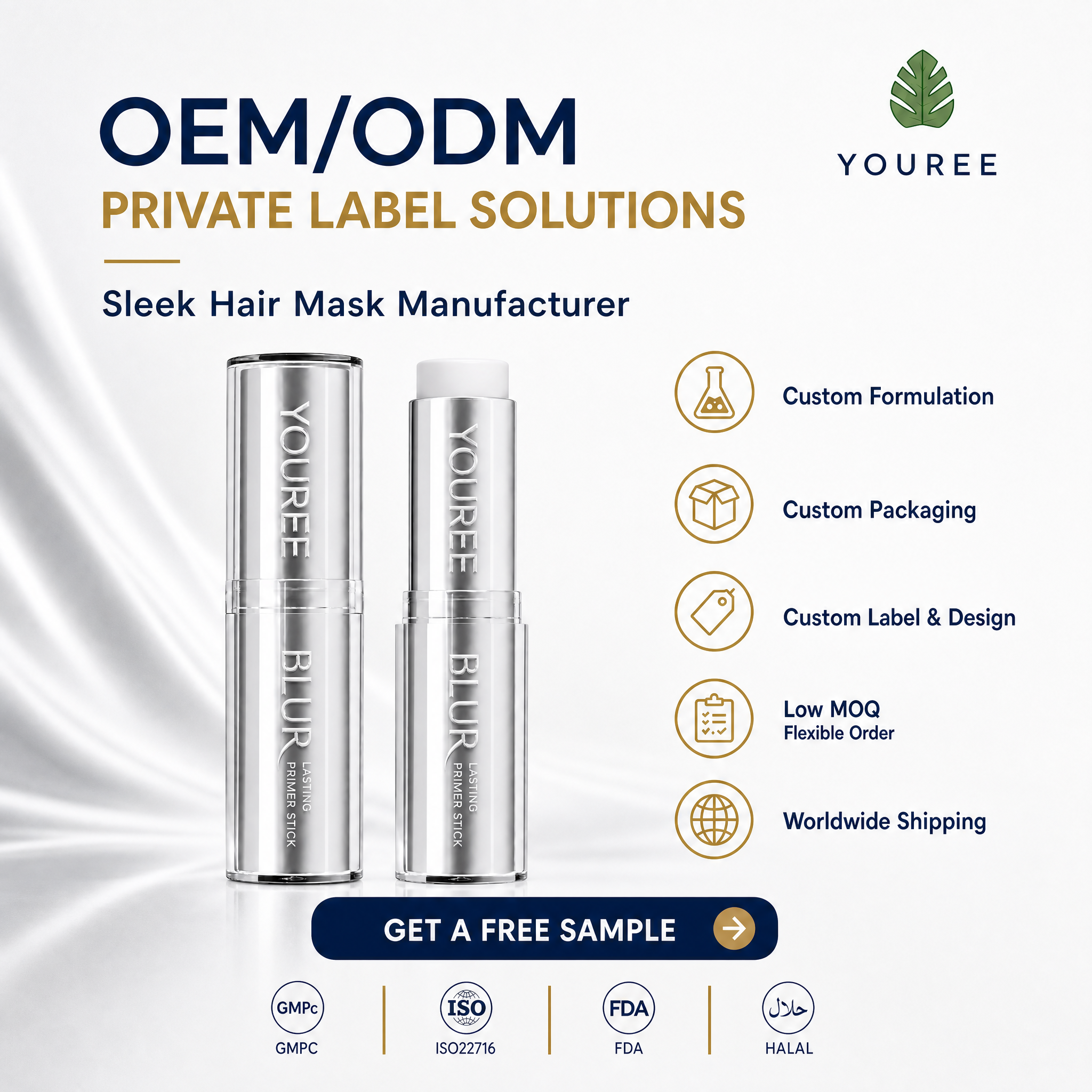 OEM/ODM private label sleek hair mask manufacturer - YOUREE hair mask with custom formulation, custom packaging, custom label and design services. Provides sleek, smooth, and manageable hair with lasting results. Low MOQ, flexible order quantities, worldwide shipping. GMPC, ISO22716, FDA and HALAL certified. Featuring "Get a Free Sample" call-to-action button for B2B wholesale buyers and hair care brand owners.