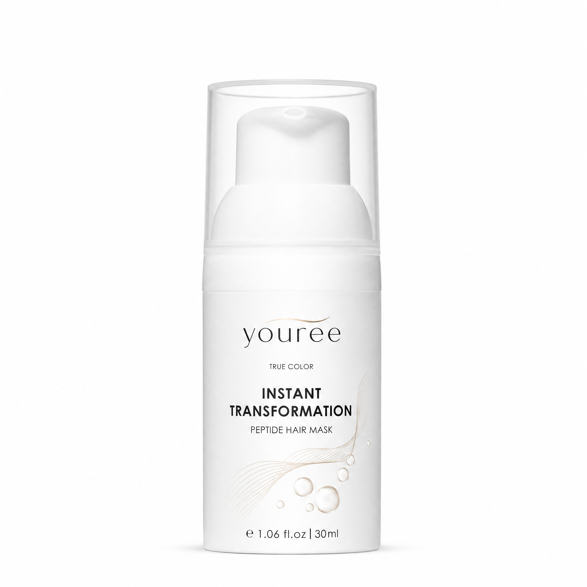 A white pump bottle of youree True Color Instant Transformation Peptide Hair Mask, featuring a minimalist design with gold wave lines and bubbles on the label, containing 30 ml / 1.06 fl.oz.