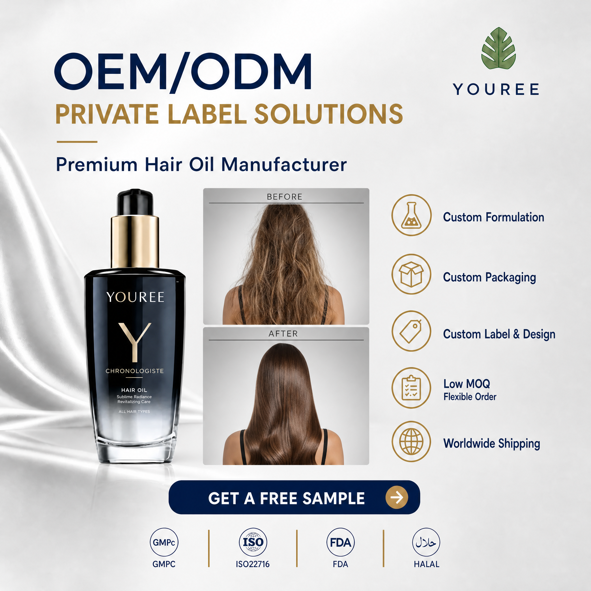 A promotional poster for YOUREE, an OEM/ODM premium hair oil manufacturer. It features a black and gold YOUREE hair oil bottle, a before-and-after comparison of hair, service highlights like custom formulation and low MOQ, a "Get a Free Sample" button, and certification logos including GMPC, ISO, FDA, and HALAL.