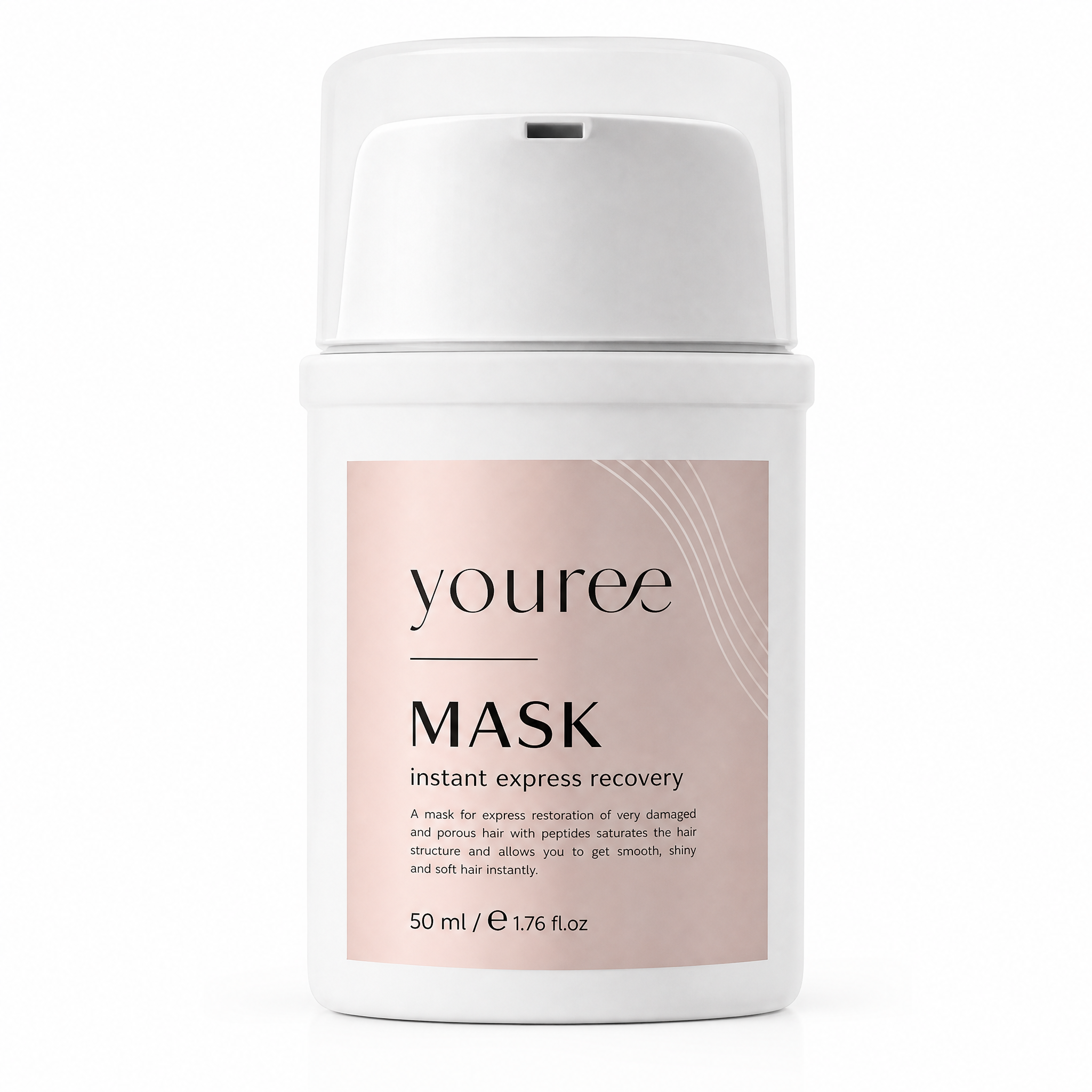 A white pump bottle of youree hair mask with a pale pink label. The label reads "youree MASK instant express recovery" and describes it as a treatment for damaged and porous hair