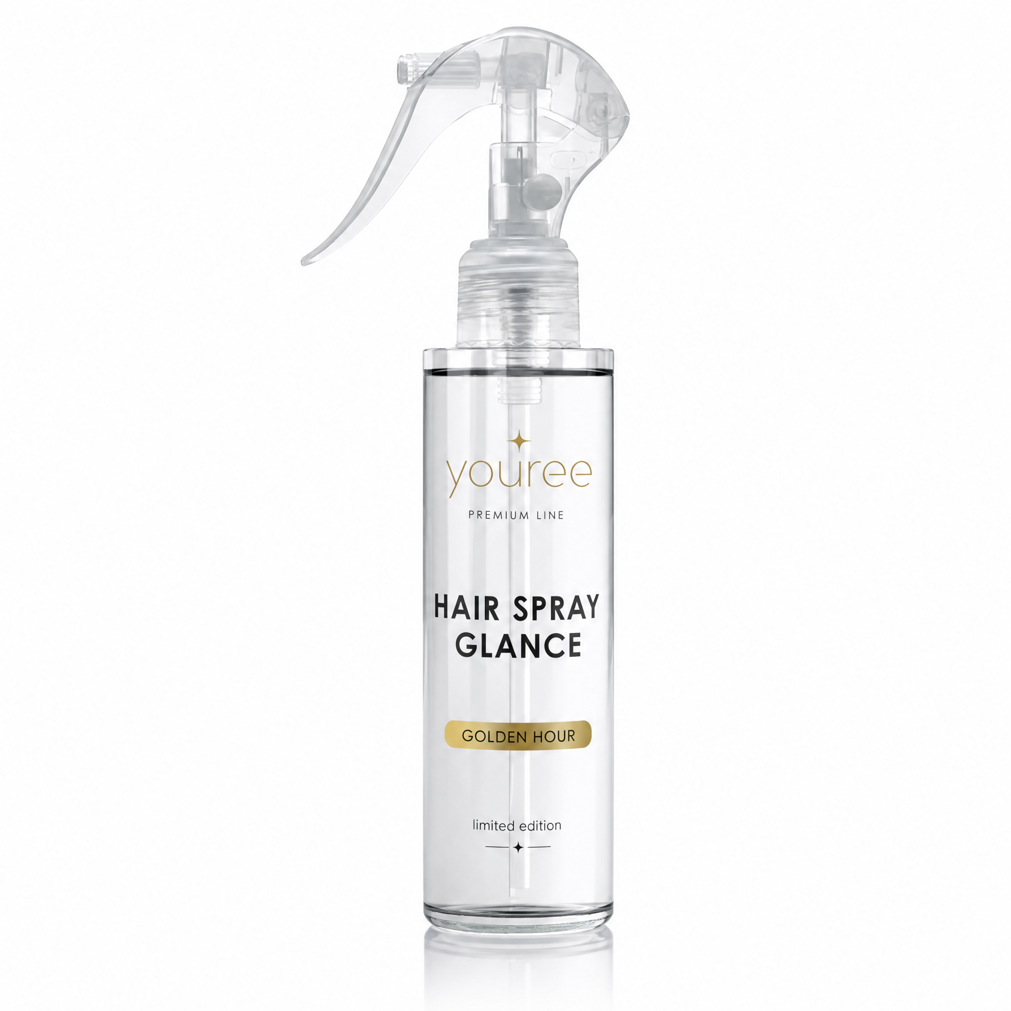 A clear spray bottle of youree Premium Line Hair Spray Glance, featuring a gold star logo, a gold "GOLDEN HOUR" label, and the text "limited edition," filled with a transparent liquid.