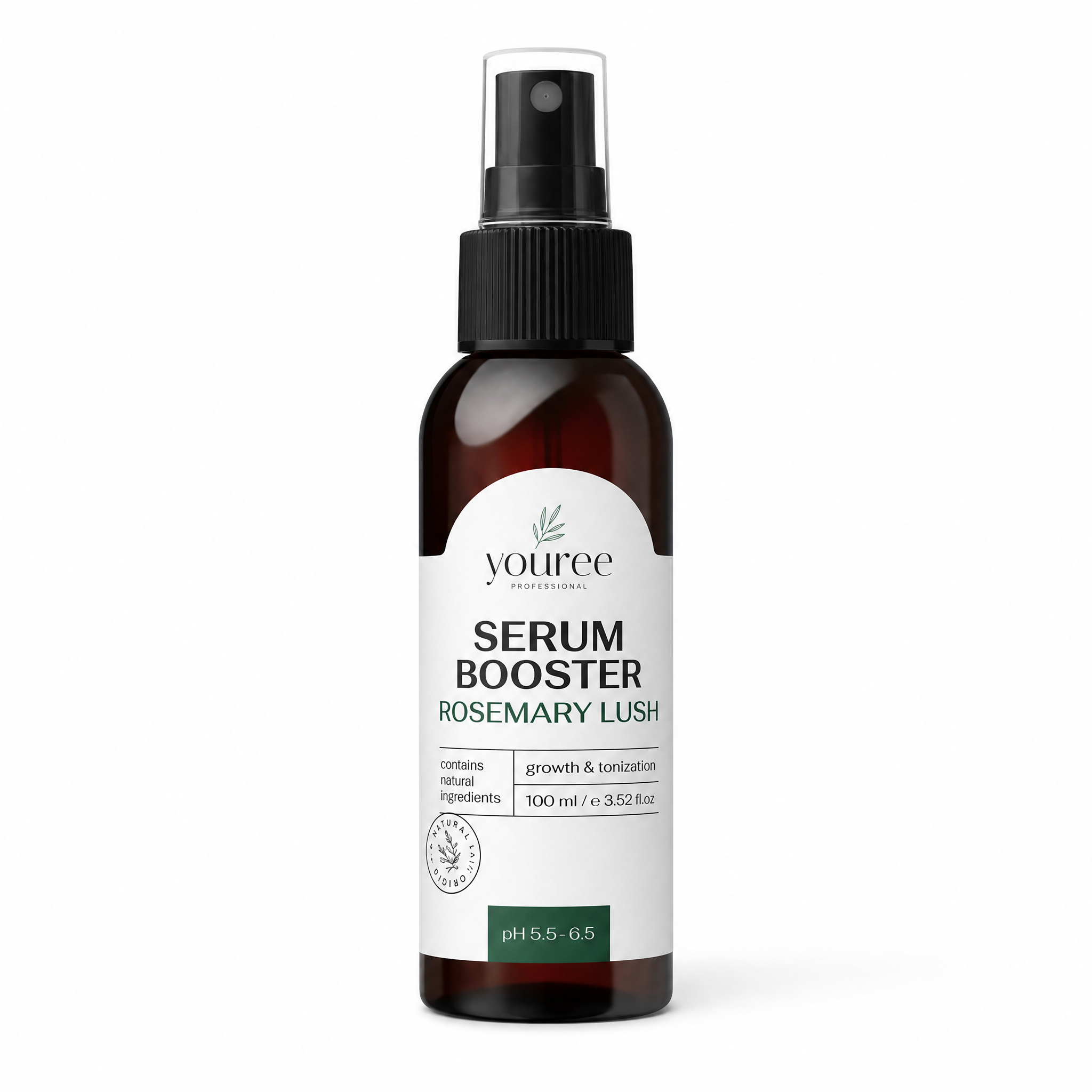 A dark amber spray bottle of youree Professional Serum Booster Rosemary Lush, featuring a white label with a botanical icon, the text "growth & tonization," "contains natural ingredients," "100 ml / e 3.52 fl.oz," and a green "pH 5.5-6.5" box.